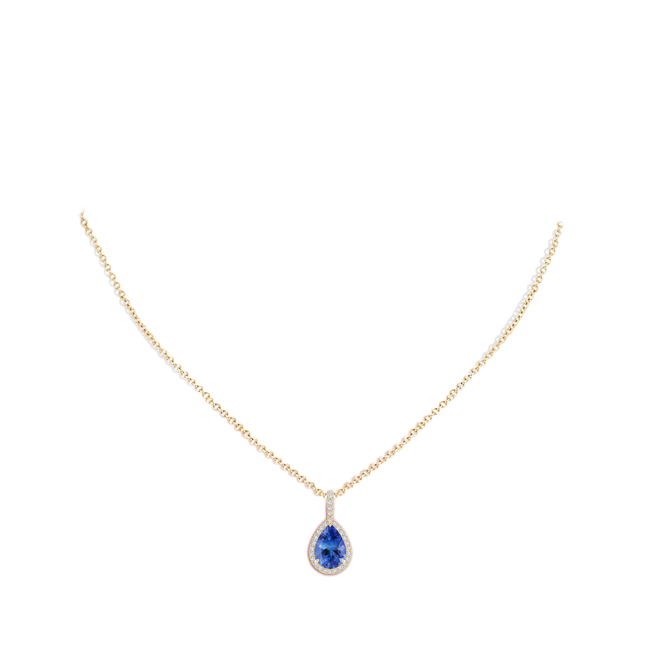 10x7mm AA Tanzanite Teardrop Pendant with Diamond Halo in Yellow Gold body-neck