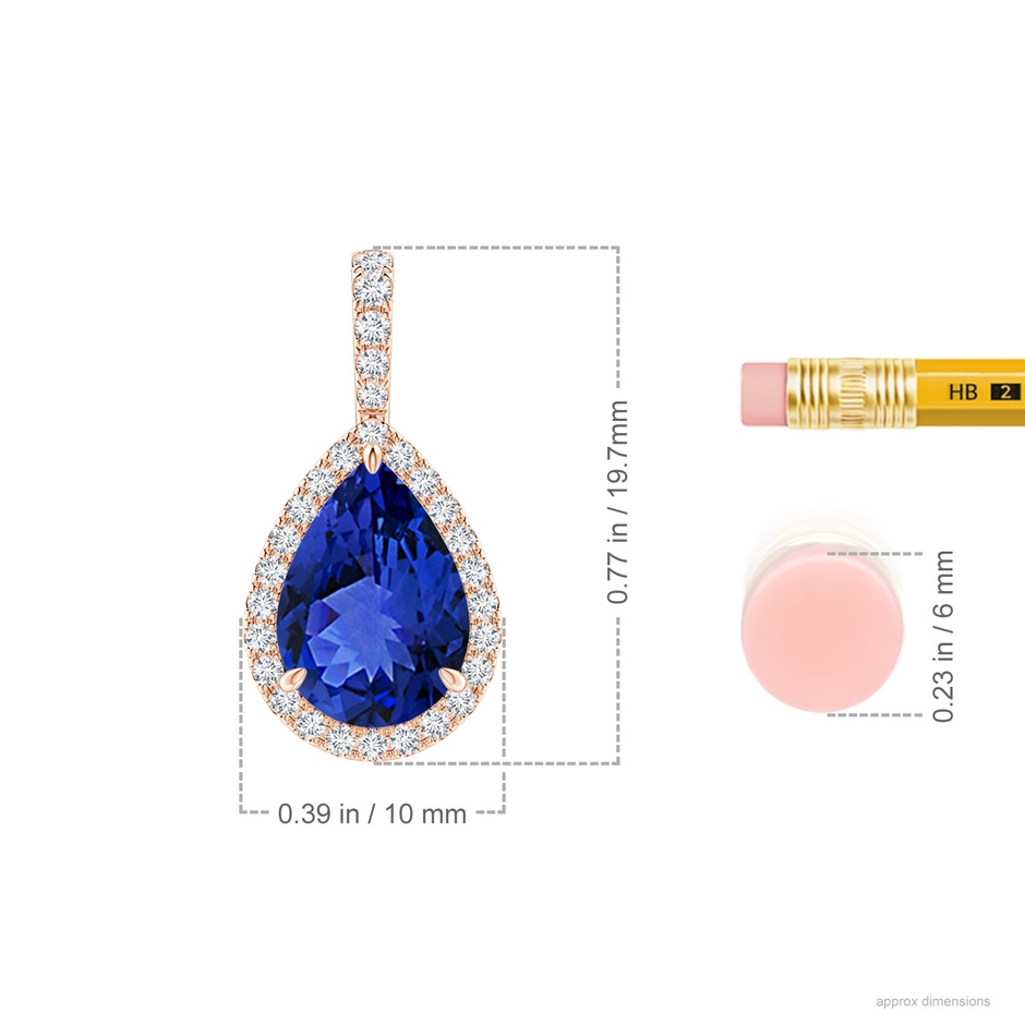10x7mm AAA Tanzanite Teardrop Pendant with Diamond Halo in Rose Gold ruler