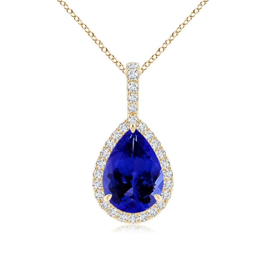 10x7mm AAAA Tanzanite Teardrop Pendant with Diamond Halo in Yellow Gold 