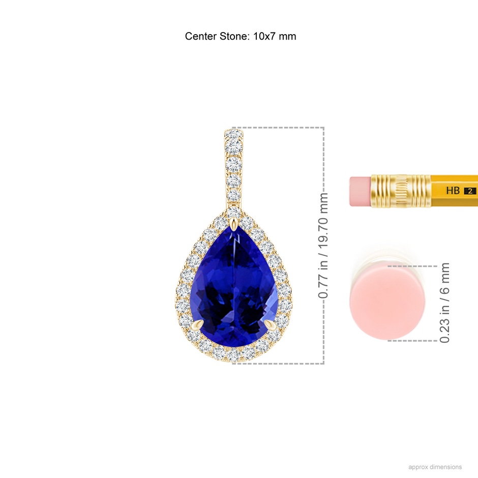 10x7mm AAAA Tanzanite Teardrop Pendant with Diamond Halo in Yellow Gold ruler