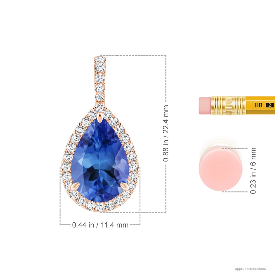 12x8mm AA Tanzanite Teardrop Pendant with Diamond Halo in Rose Gold ruler