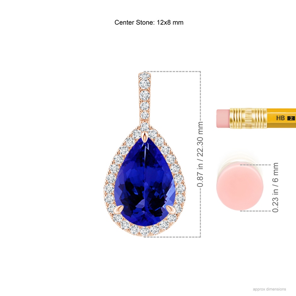 12x8mm AAAA Tanzanite Teardrop Pendant with Diamond Halo in Rose Gold ruler