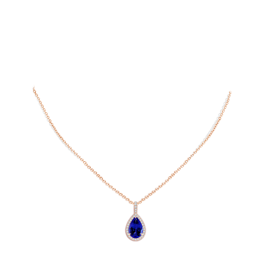 12x8mm AAAA Tanzanite Teardrop Pendant with Diamond Halo in Rose Gold body-neck