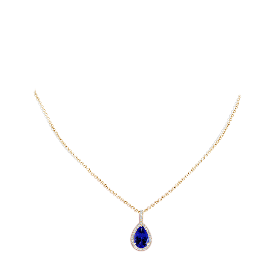 12x8mm AAAA Tanzanite Teardrop Pendant with Diamond Halo in Yellow Gold body-neck