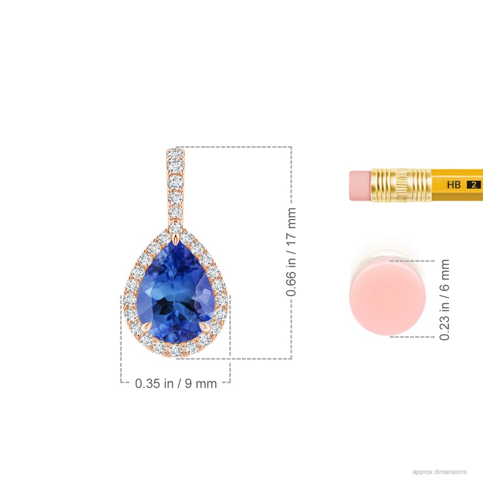 8x6mm AA Tanzanite Teardrop Pendant with Diamond Halo in Rose Gold ruler