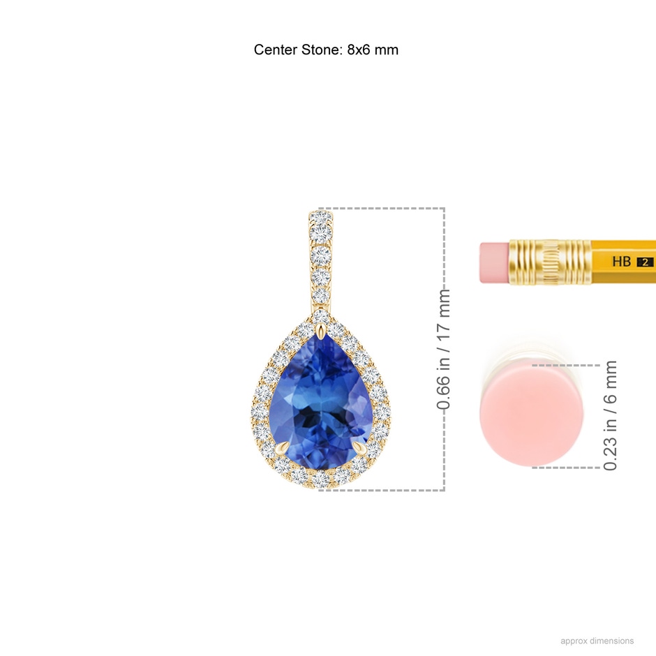 8x6mm AA Tanzanite Teardrop Pendant with Diamond Halo in Yellow Gold ruler