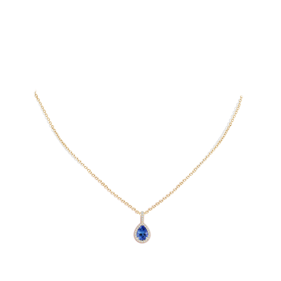 8x6mm AA Tanzanite Teardrop Pendant with Diamond Halo in Yellow Gold body-neck