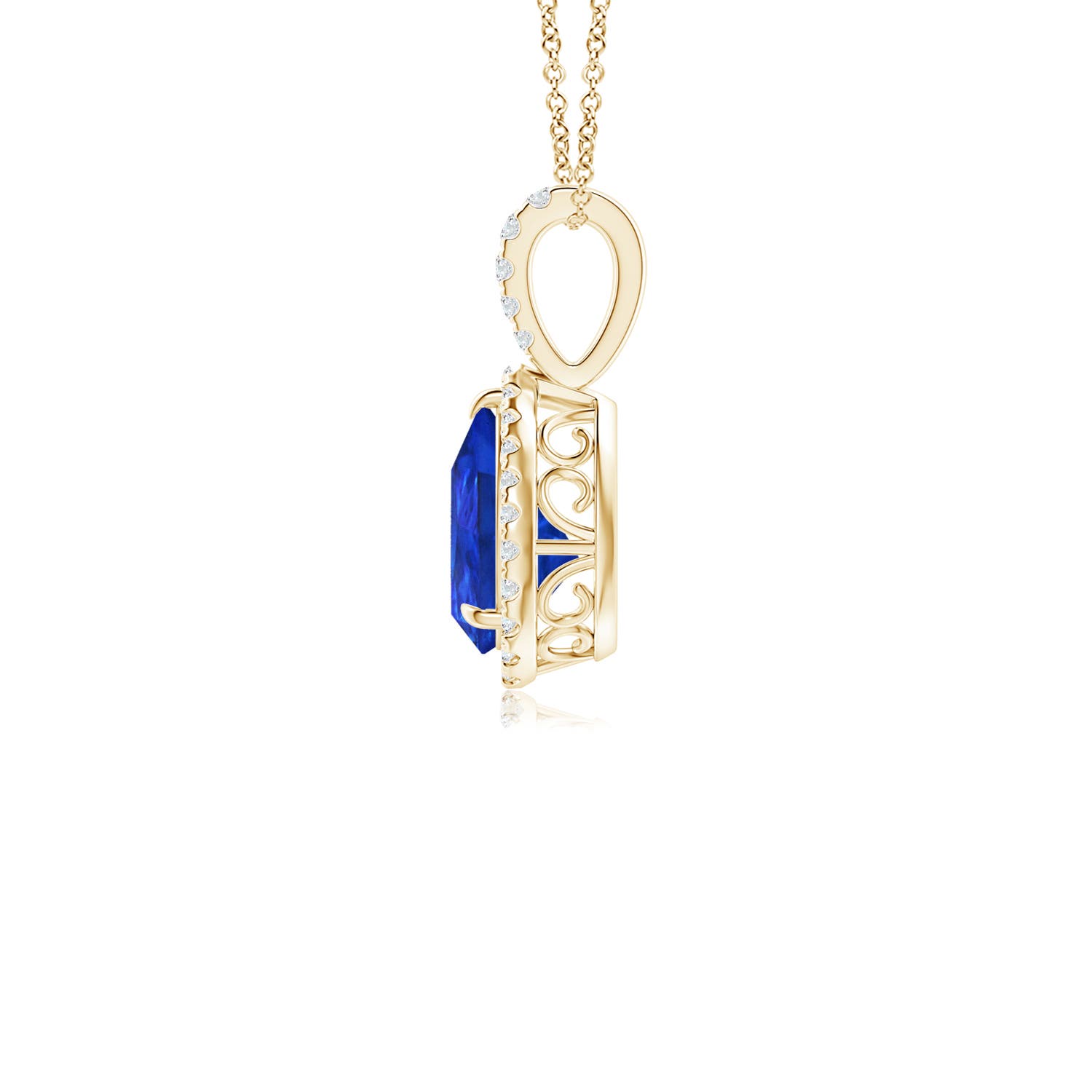 8x6mm AAA Tanzanite Teardrop Pendant with Diamond Halo in 18K Yellow Gold
