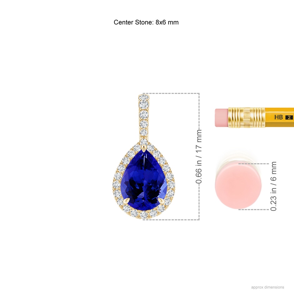 8x6mm AAAA Tanzanite Teardrop Pendant with Diamond Halo in Yellow Gold ruler