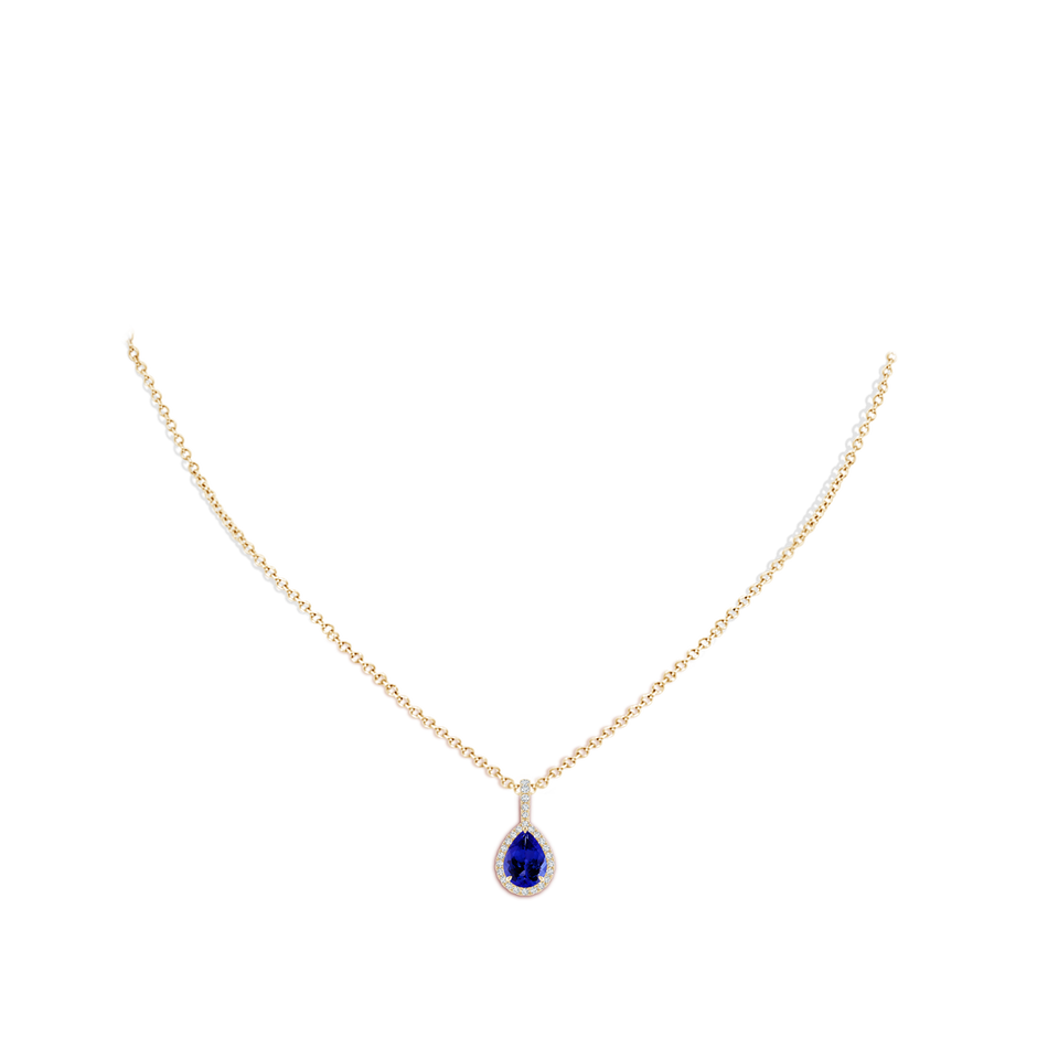 8x6mm AAAA Tanzanite Teardrop Pendant with Diamond Halo in Yellow Gold body-neck