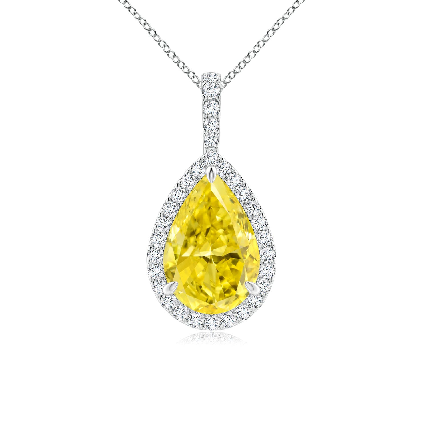Angara 3.25 CTW Fancy Intense Yellow Diamond Teardrop Pendant with Halo in Platinum