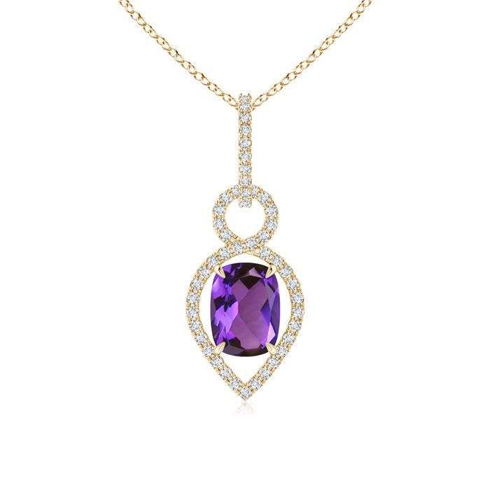 8x6mm AAAA Cushion Amethyst Infinity Drop Pendant with Diamonds in Yellow Gold