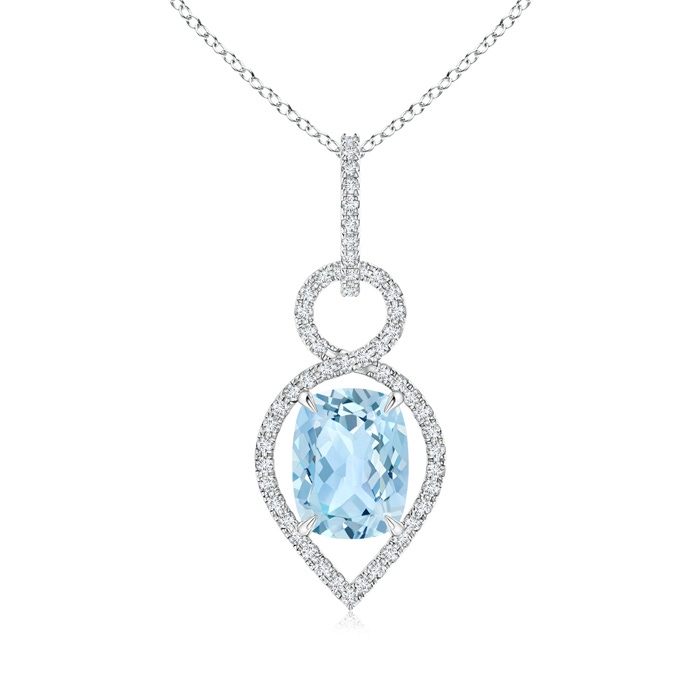 9x7mm AAA Cushion Aquamarine Infinity Drop Pendant with Diamonds in White Gold