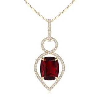 10x8mm AAA Cushion Garnet Infinity Drop Pendant with Diamonds in Yellow Gold