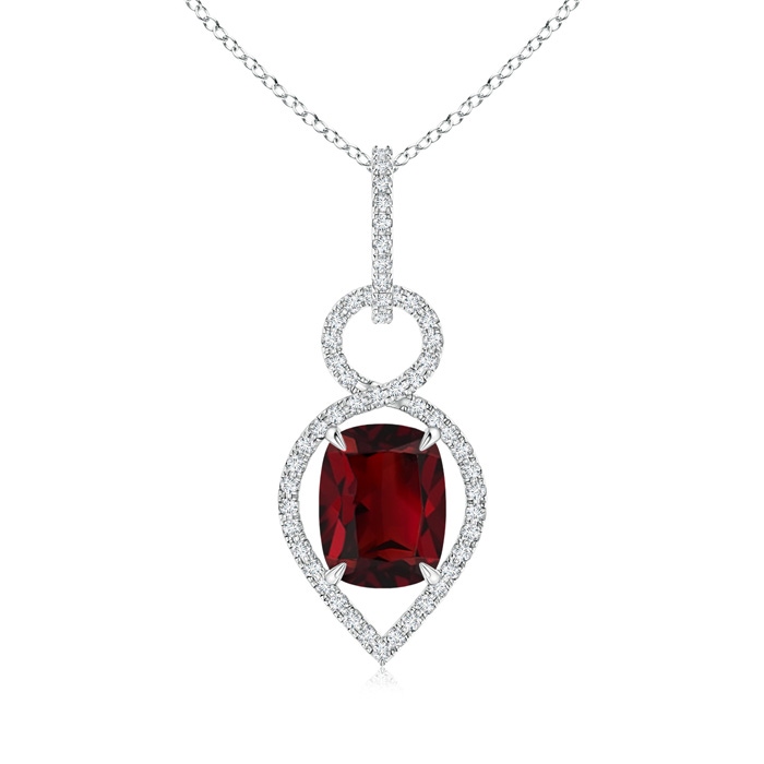 9x7mm AAA Cushion Garnet Infinity Drop Pendant with Diamonds in White Gold 