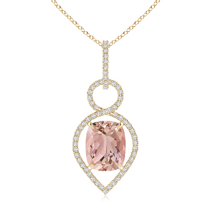 10x8mm AAAA Cushion Morganite Infinity Drop Pendant with Diamonds in Yellow Gold