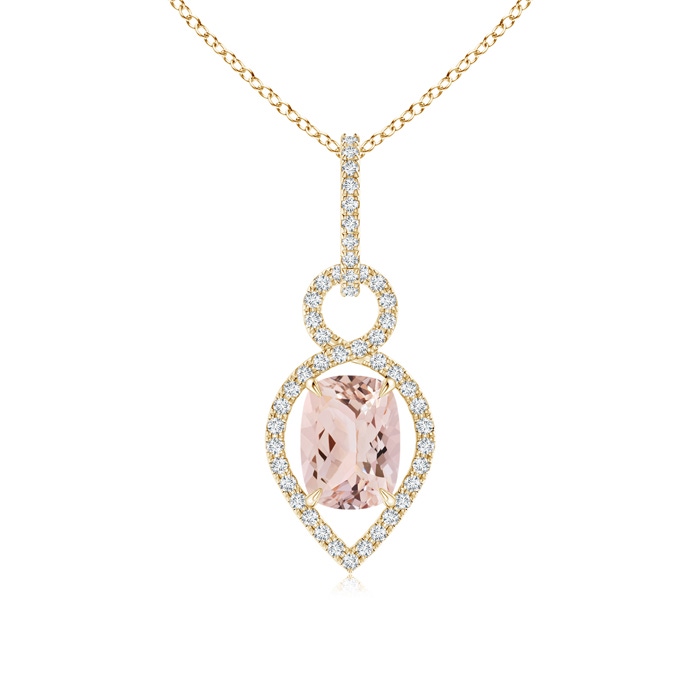 8x6mm AAA Cushion Morganite Infinity Drop Pendant with Diamonds in Yellow Gold