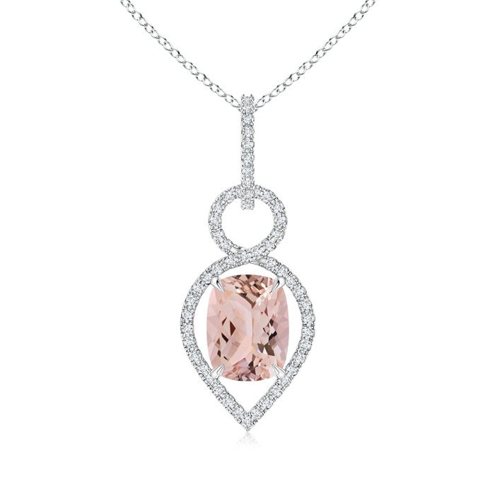 9x7mm AAA Cushion Morganite Infinity Drop Pendant with Diamonds in White Gold