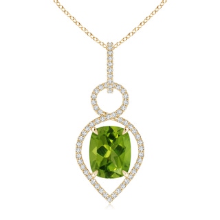 10x8mm AAAA Cushion Peridot Infinity Drop Pendant with Diamonds in Yellow Gold