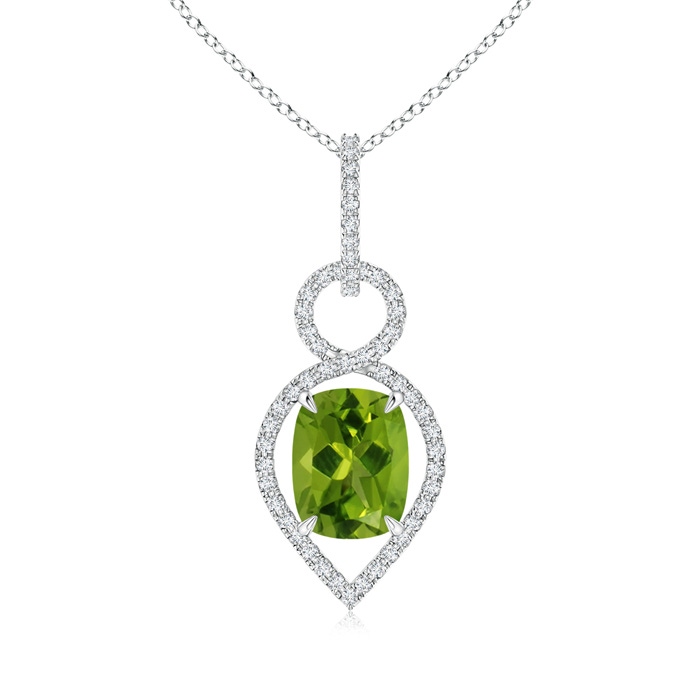 9x7mm AAAA Cushion Peridot Infinity Drop Pendant with Diamonds in White Gold