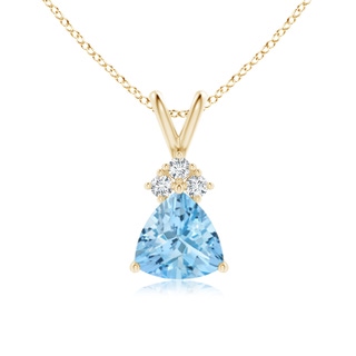 7mm AAAA Trillion Aquamarine Solitaire Pendant with Trio Diamonds in Yellow Gold