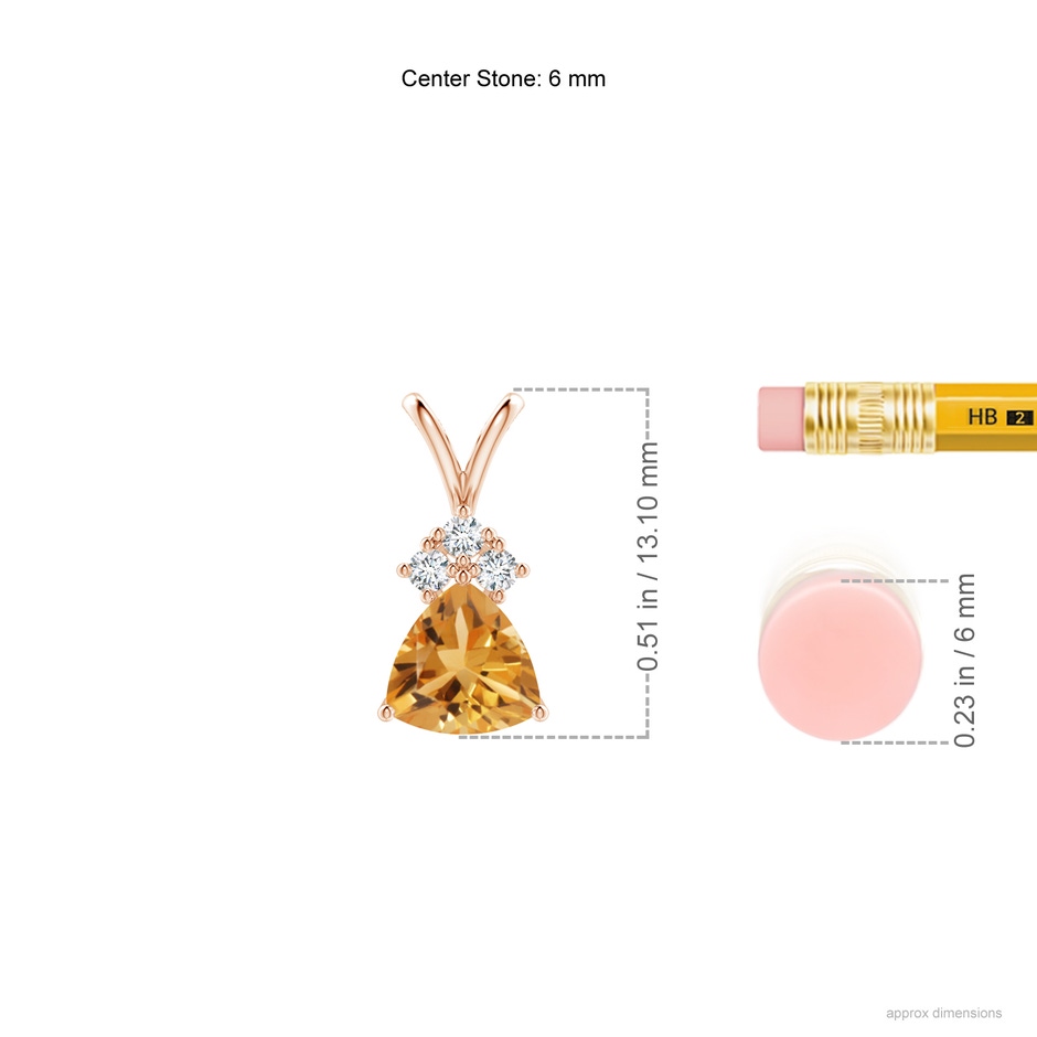 6mm A Trillion Citrine Solitaire Pendant with Trio Diamonds in Rose Gold ruler