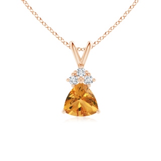 6mm AA Trillion Citrine Solitaire Pendant with Trio Diamonds in 9K Rose Gold