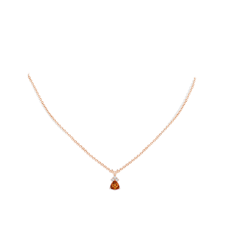 6mm AAAA Trillion Citrine Solitaire Pendant with Trio Diamonds in Rose Gold body-neck