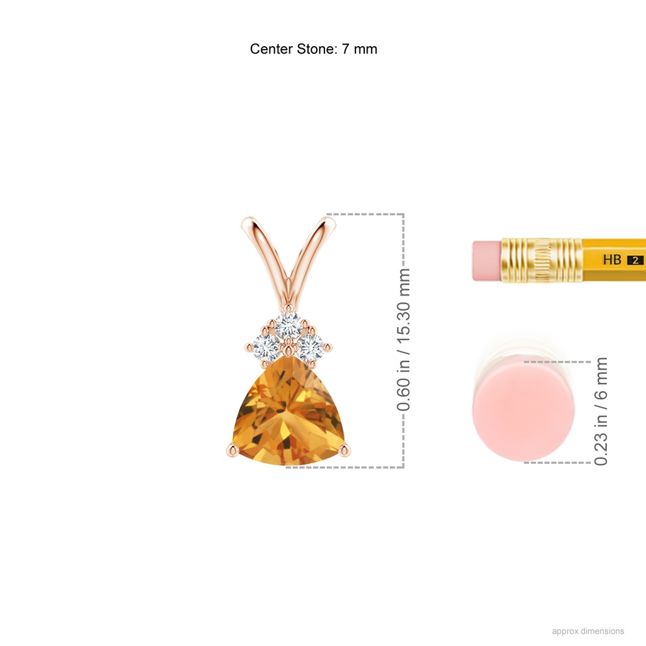 7mm AA Trillion Citrine Solitaire Pendant with Trio Diamonds in Rose Gold ruler