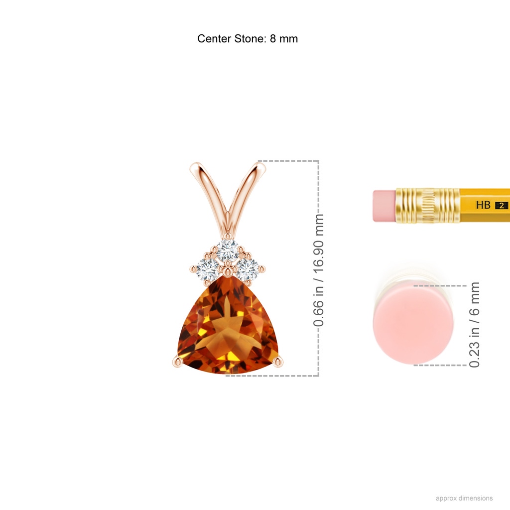 8mm AAAA Trillion Citrine Solitaire Pendant with Trio Diamonds in Rose Gold Ruler