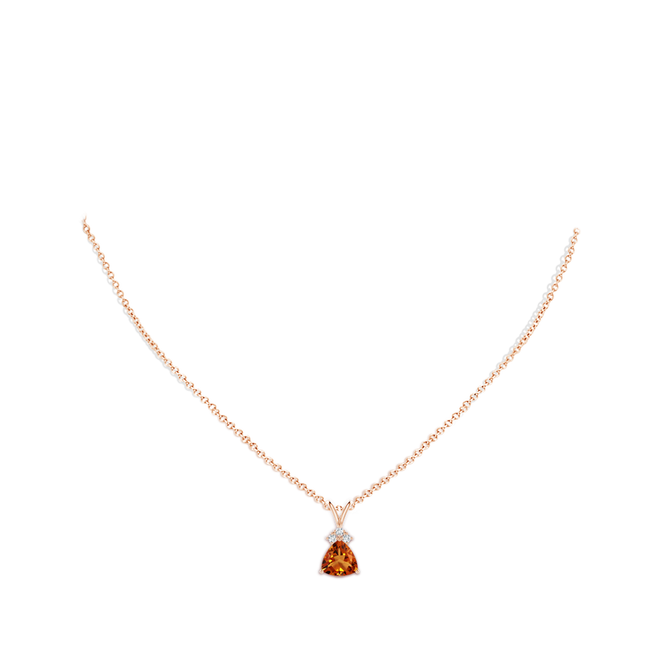 8mm AAAA Trillion Citrine Solitaire Pendant with Trio Diamonds in Rose Gold body-neck