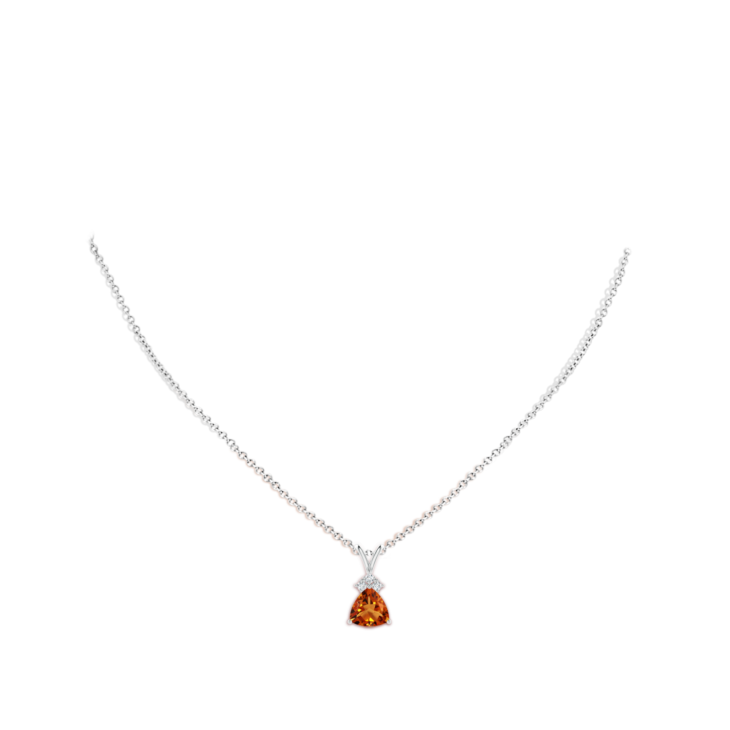 8mm AAAA Trillion Citrine Solitaire Pendant with Trio Diamonds in White Gold - body_neck