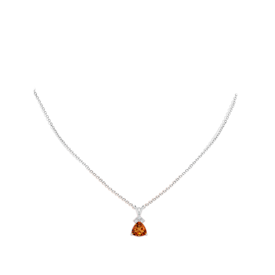 8mm AAAA Trillion Citrine Solitaire Pendant with Trio Diamonds in White Gold body-neck