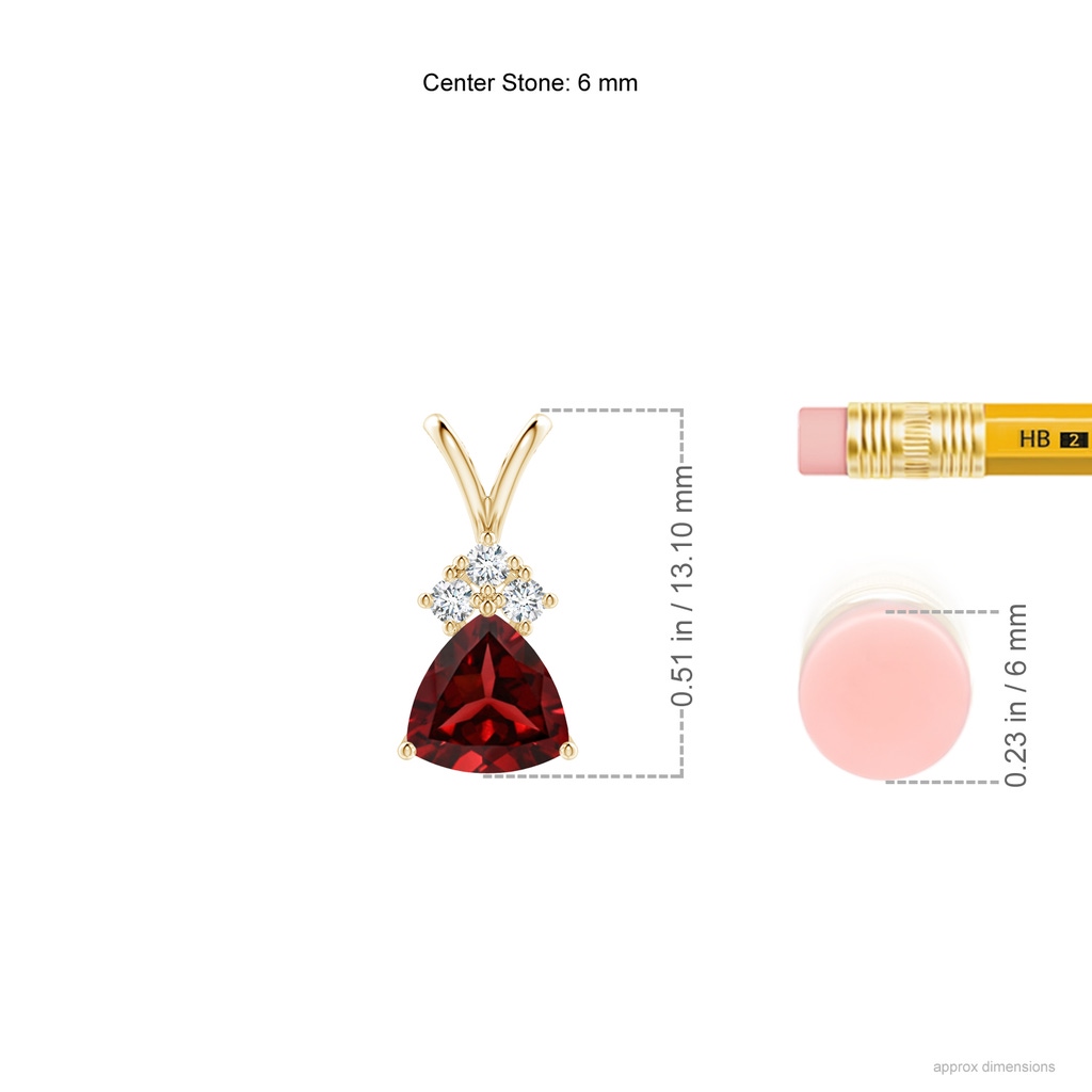 6mm AAAA Trillion Garnet Solitaire Pendant with Trio Diamonds in Yellow Gold Ruler