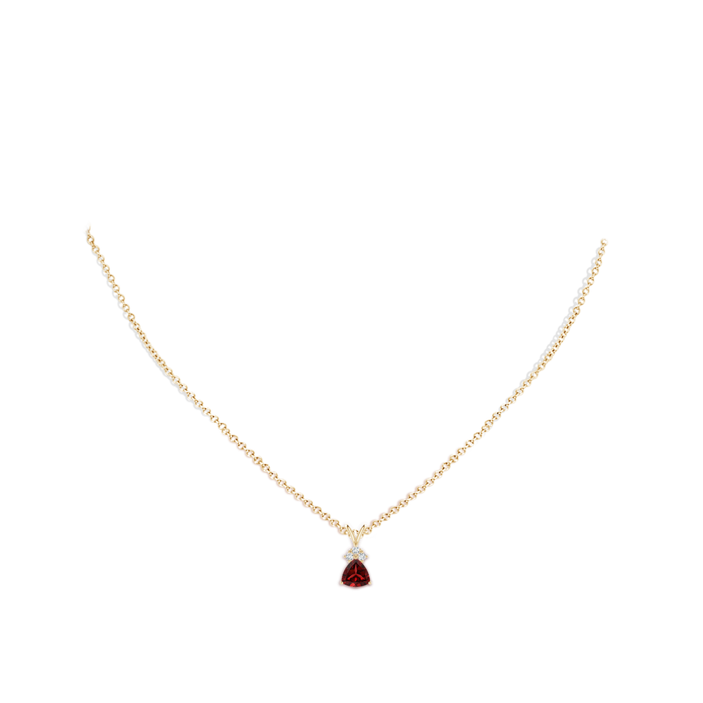 6mm AAAA Trillion Garnet Solitaire Pendant with Trio Diamonds in Yellow Gold Body-Neck