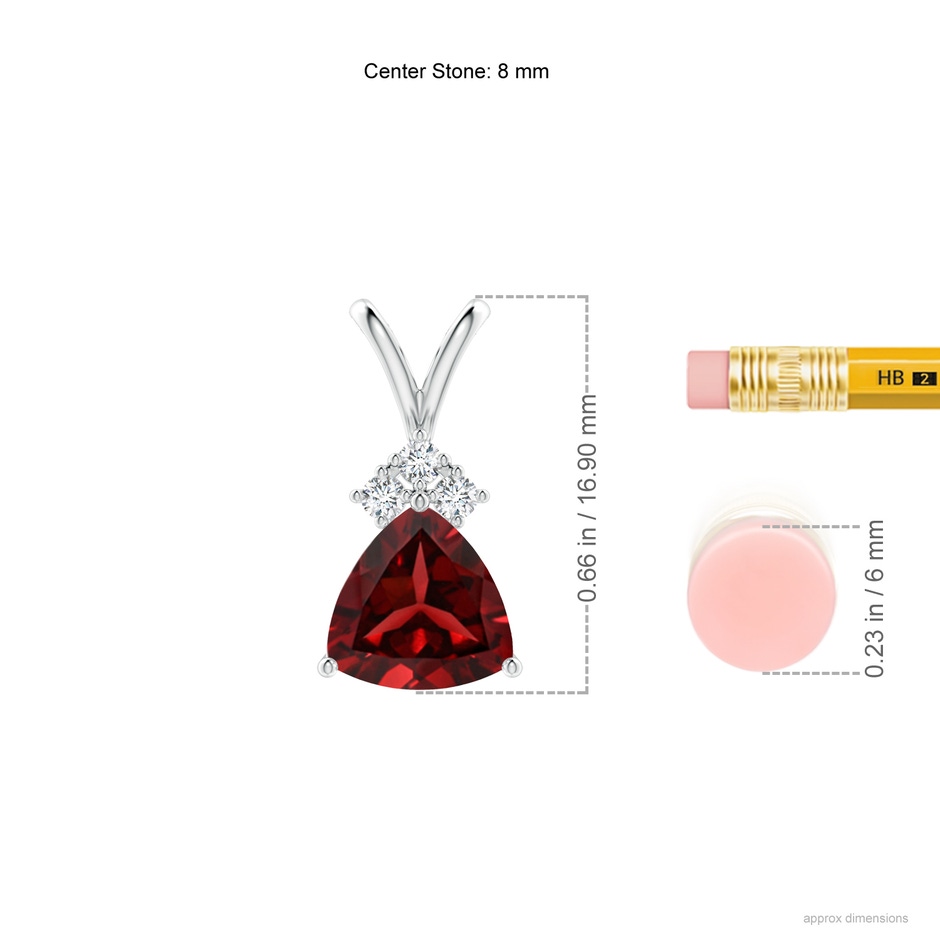 8mm AAAA Trillion Garnet Solitaire Pendant with Trio Diamonds in White Gold ruler