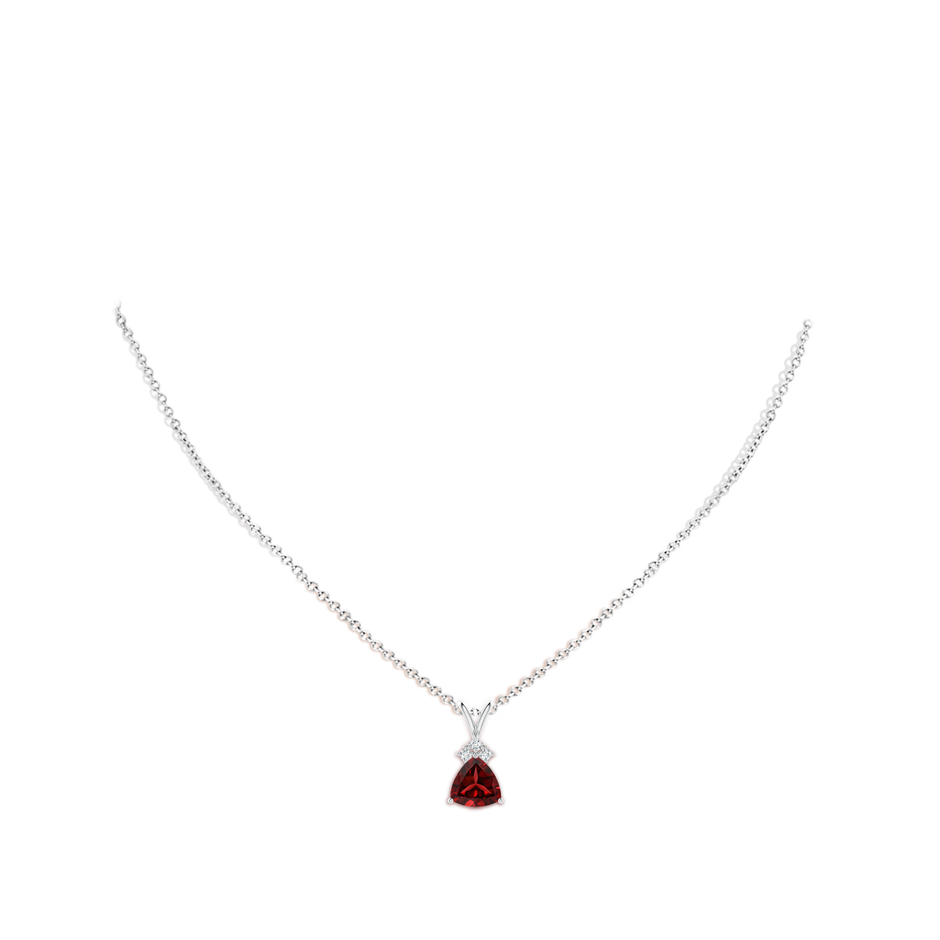 8mm AAAA Trillion Garnet Solitaire Pendant with Trio Diamonds in White Gold body-neck