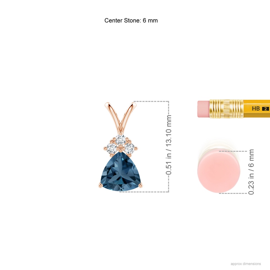 6mm A  Trillion London Blue Topaz Pendant with Trio Diamonds in Rose Gold ruler