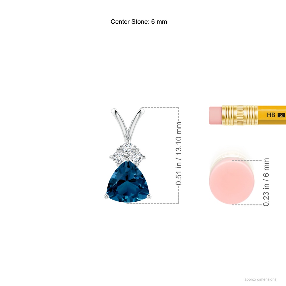 6mm AAAA  Trillion London Blue Topaz Pendant with Trio Diamonds in White Gold ruler