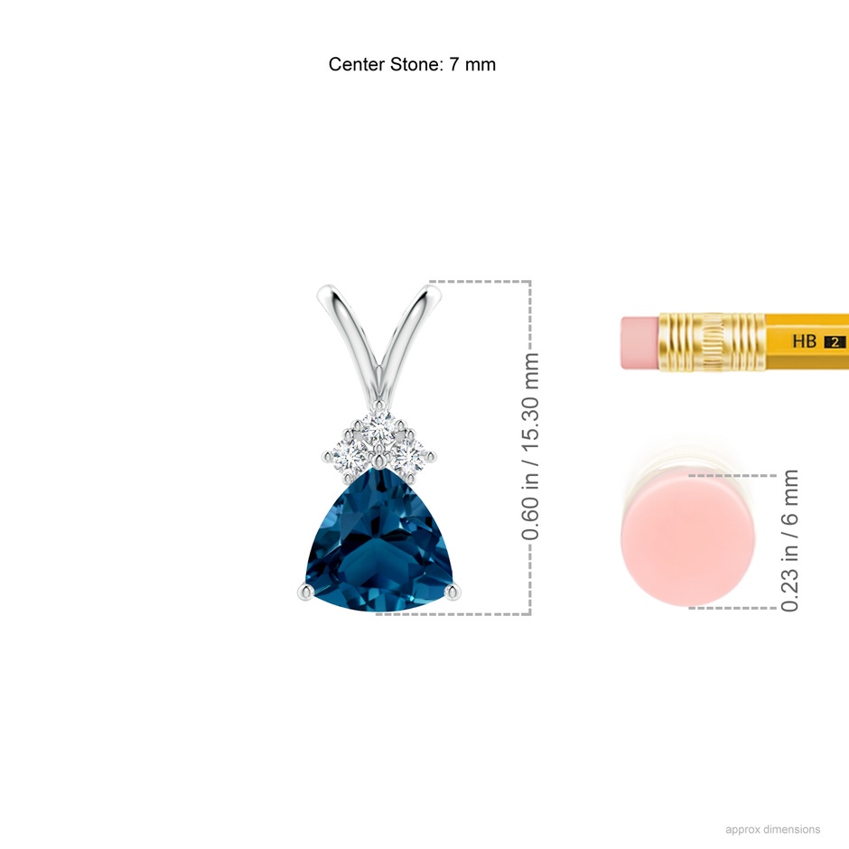 7mm AAAA  Trillion London Blue Topaz Pendant with Trio Diamonds in White Gold ruler