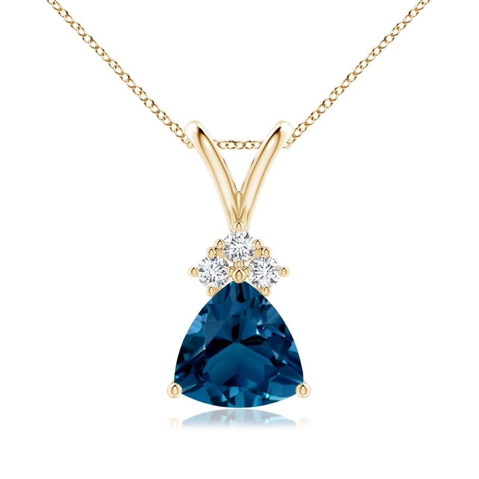 7mm AAAA  Trillion London Blue Topaz Pendant with Trio Diamonds in Yellow Gold 