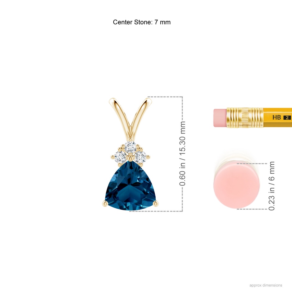 7mm AAAA  Trillion London Blue Topaz Pendant with Trio Diamonds in Yellow Gold ruler