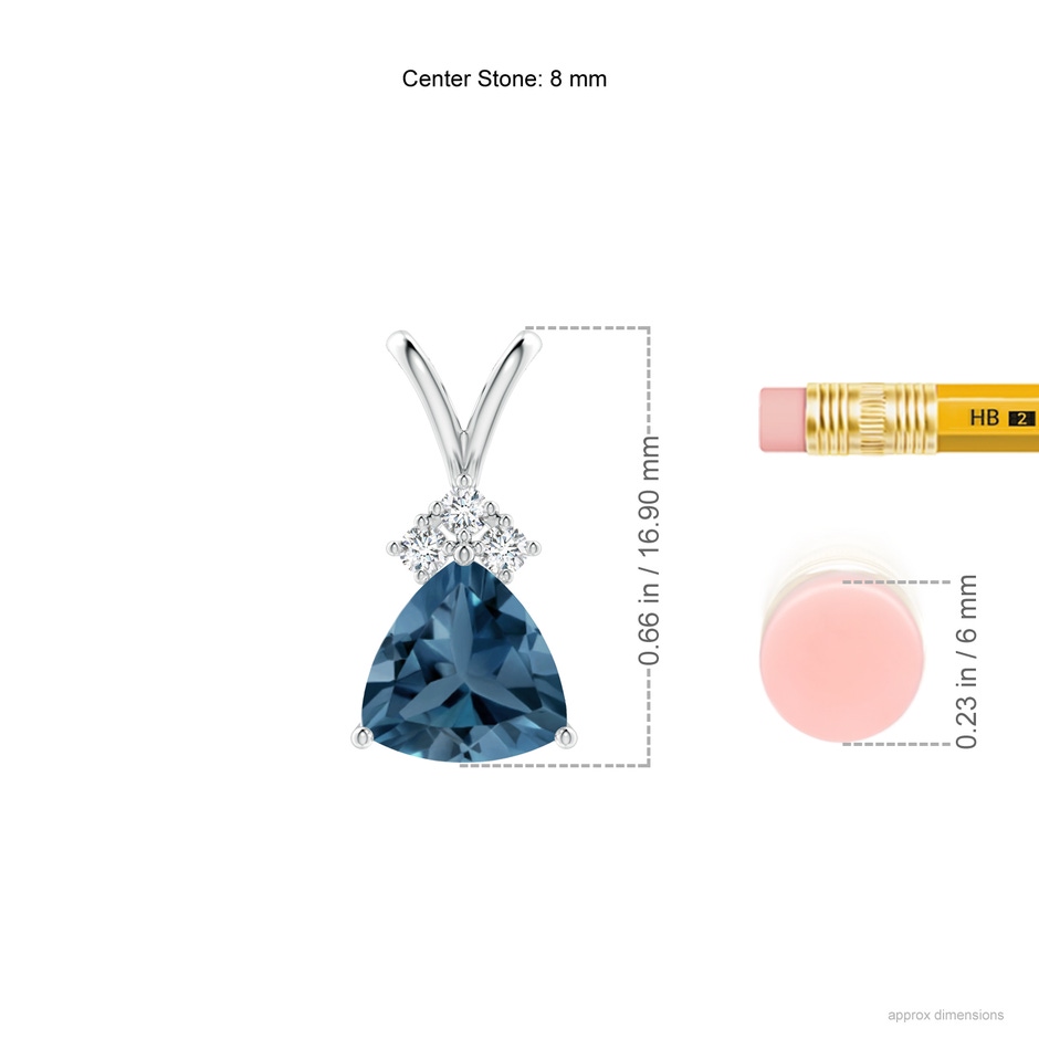 8mm A  Trillion London Blue Topaz Pendant with Trio Diamonds in P950 Platinum ruler