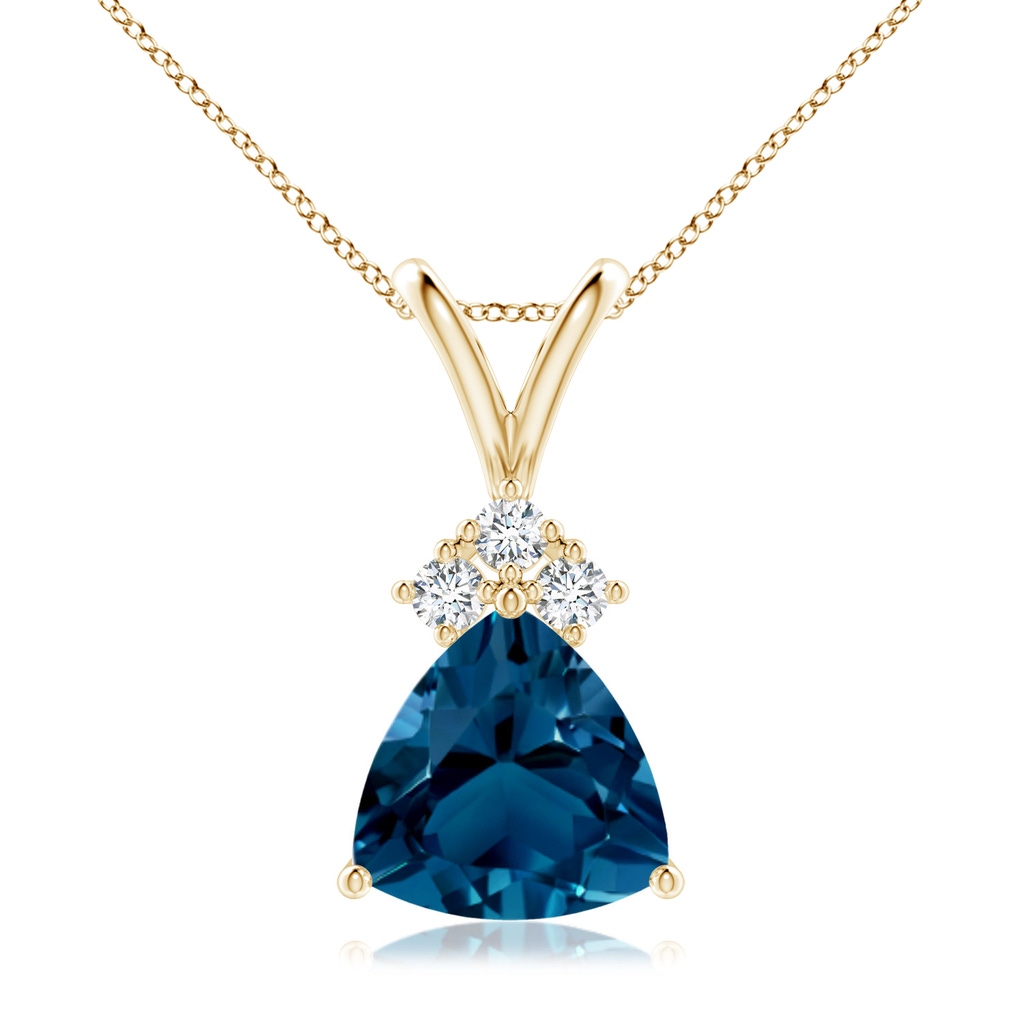 8mm AAAA  Trillion London Blue Topaz Pendant with Trio Diamonds in Yellow Gold