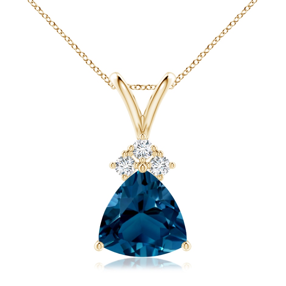 8mm AAAA  Trillion London Blue Topaz Pendant with Trio Diamonds in Yellow Gold 