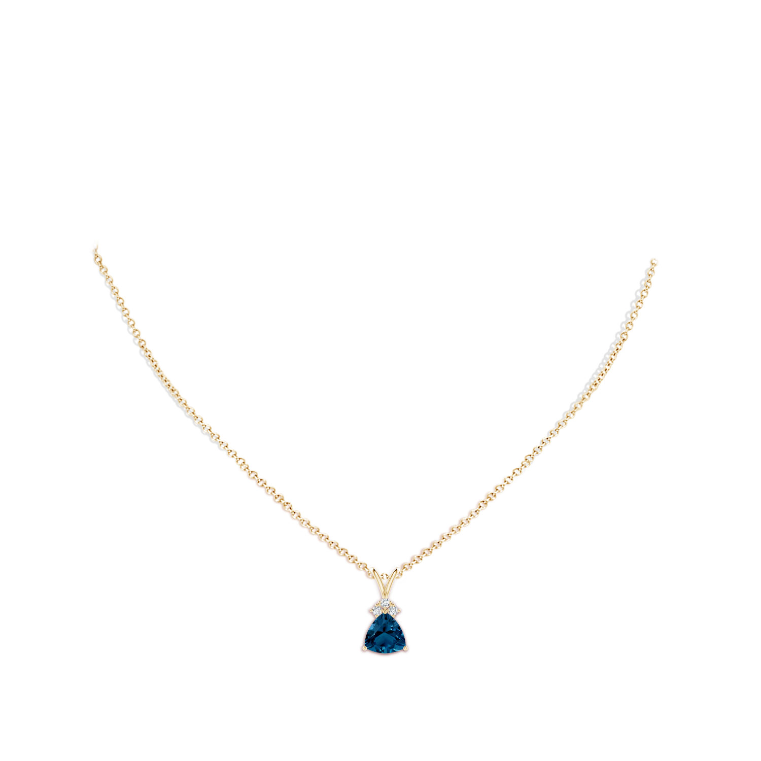 8mm AAAA Trillion London Blue Topaz Pendant with Trio Diamonds in Yellow Gold - body_neck