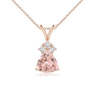 6mm AAA Trillion Morganite Solitaire Pendant with Trio Diamonds in 10K Rose Gold
