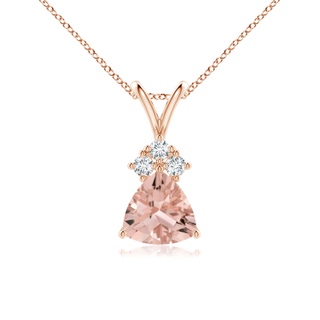 6mm AAAA Trillion Morganite Solitaire Pendant with Trio Diamonds in Rose Gold
