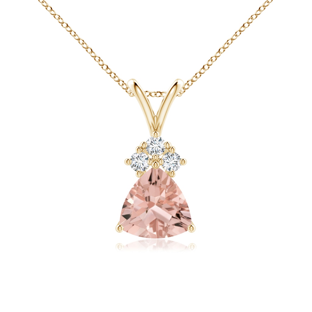6mm AAAA Trillion Morganite Solitaire Pendant with Trio Diamonds in Yellow Gold