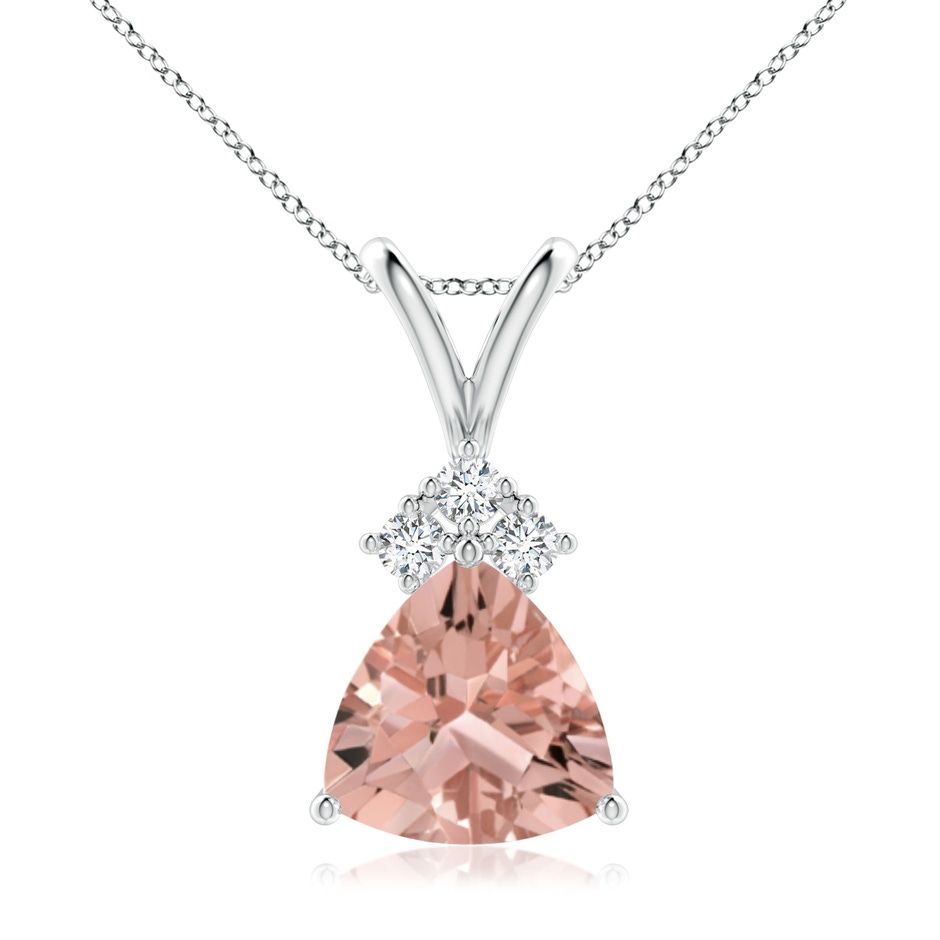 8mm AAAA Trillion Morganite Solitaire Pendant with Trio Diamonds in White Gold 